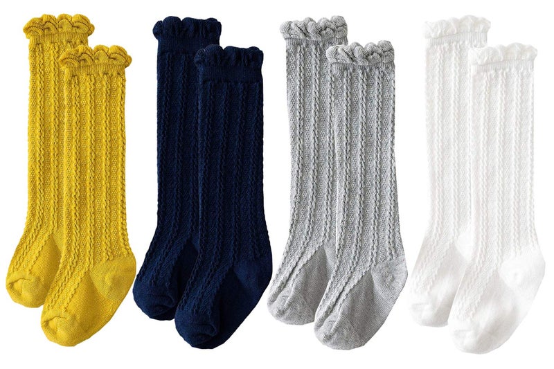 Toptim 4 Pairs Baby Toddlers Cable Knit Knee High Socks for Boy and Girls (Gray,White,Yellow,Navy Blue, 0-12 Months) - Image 1